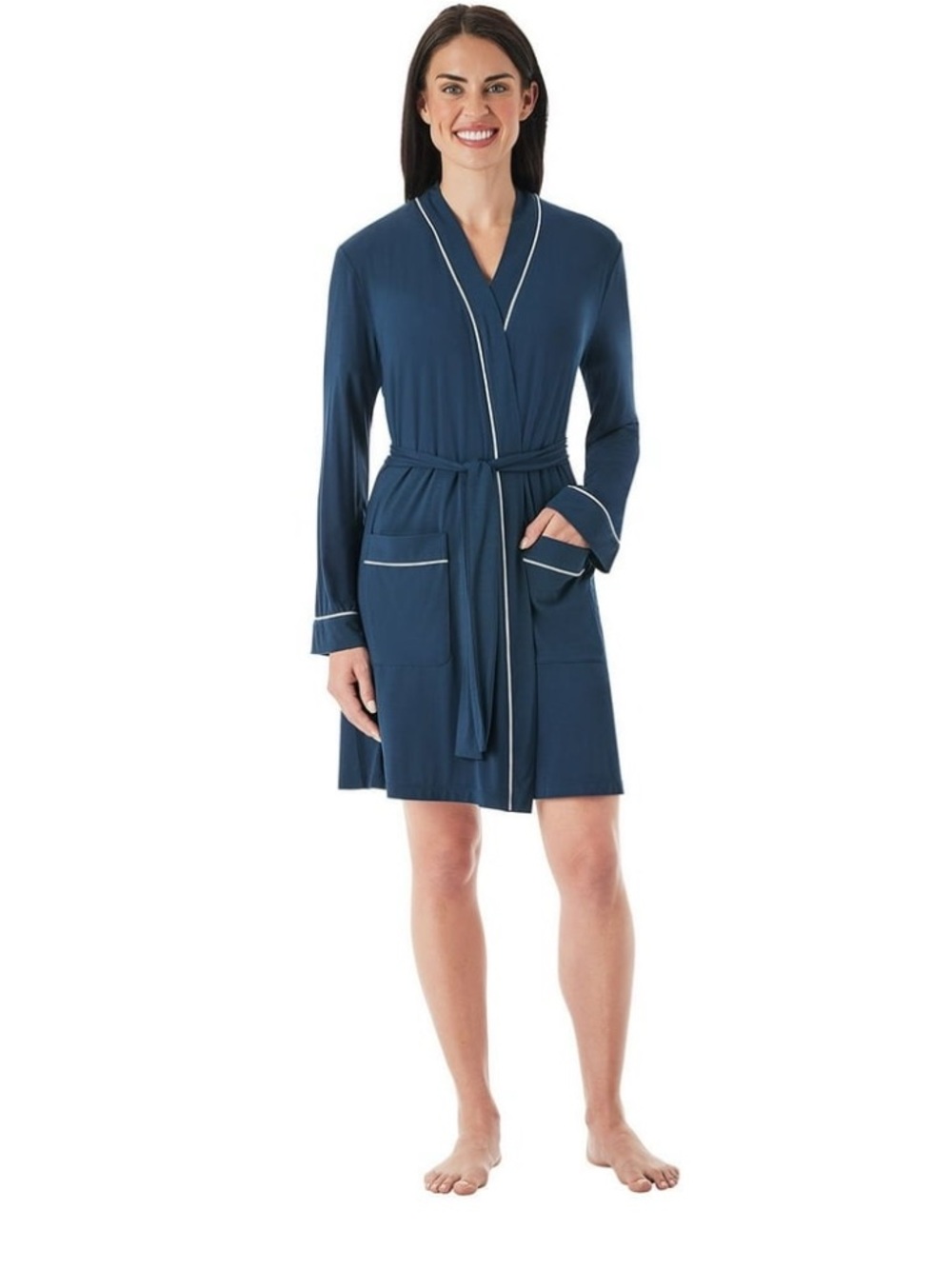 Women's Navy Satin-Trim Robe with Belt - Comfortable Lounge Wrap